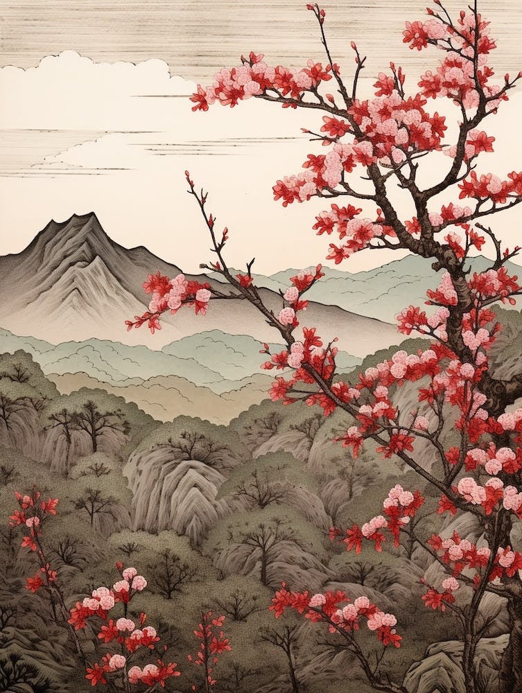 Yama Zakura Mountain Cherry Japanese Botanical Illustration