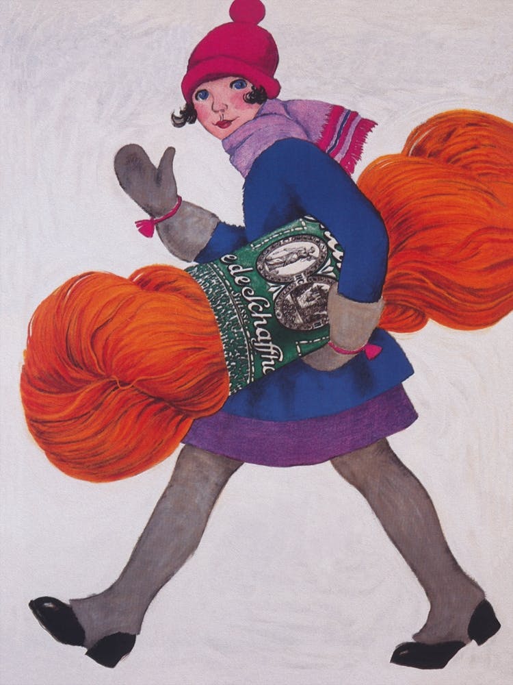 Mädchen mit Garn, Buntes Vintage-Poster