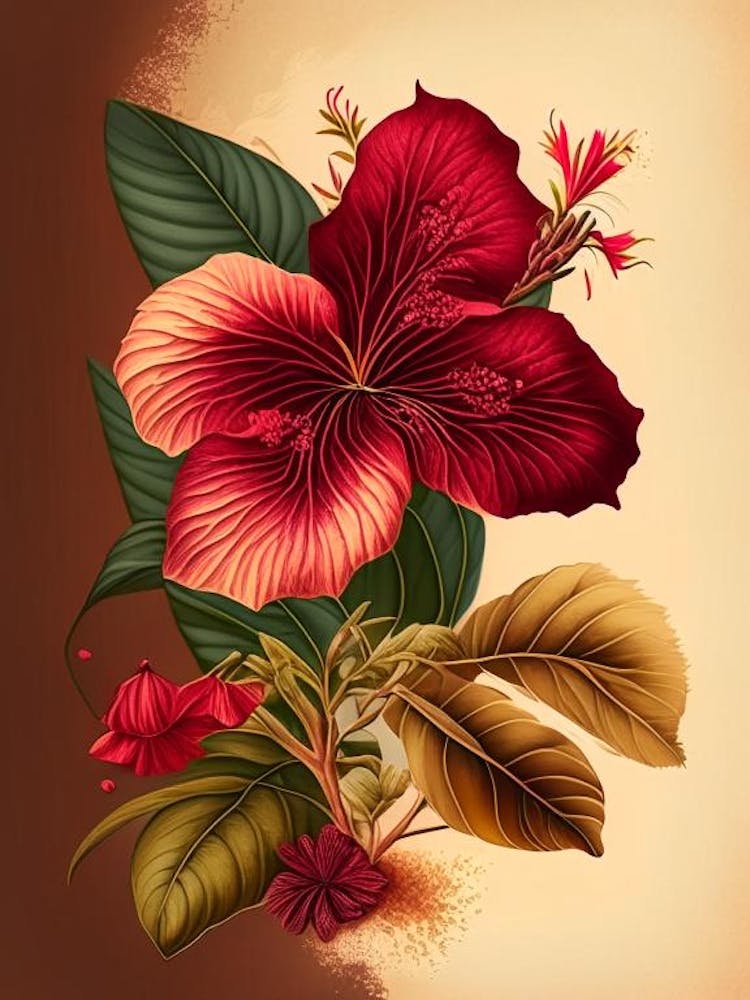 Hibiscus Spices And Herbs Retro Drawing 1