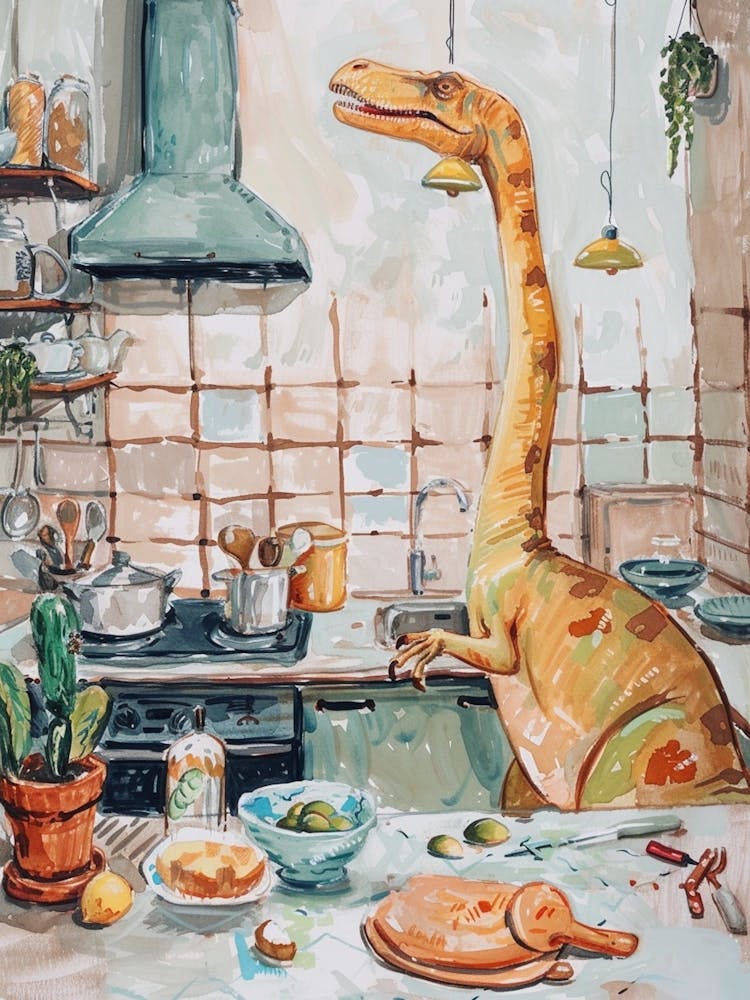 Dinosaur Cooking In The Kitchen Painting 4