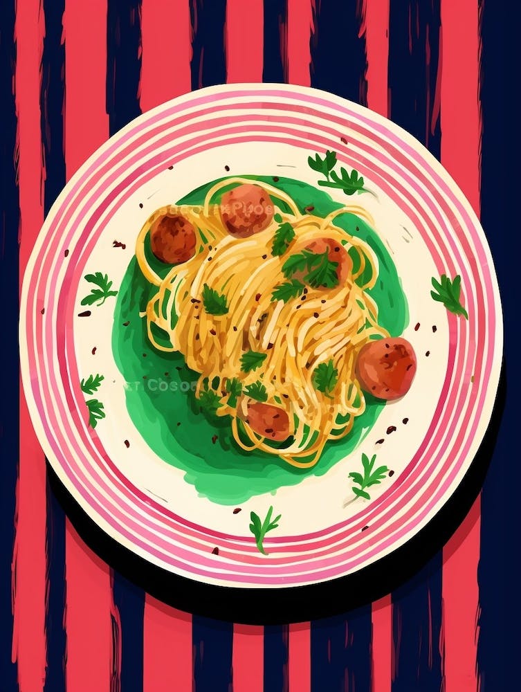 A Plate Of Meatball SpaghettiTop View Food Illustration 4