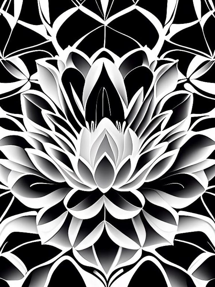 Lotus Flower Repeat Pattern Black And White Geometric 1