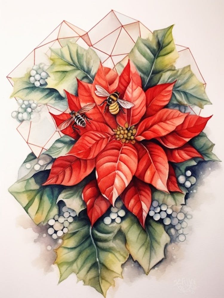 Beehive With Poinsettia Watercolour Illustration 4