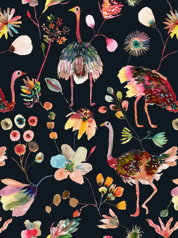 Ostriches And Floral Black