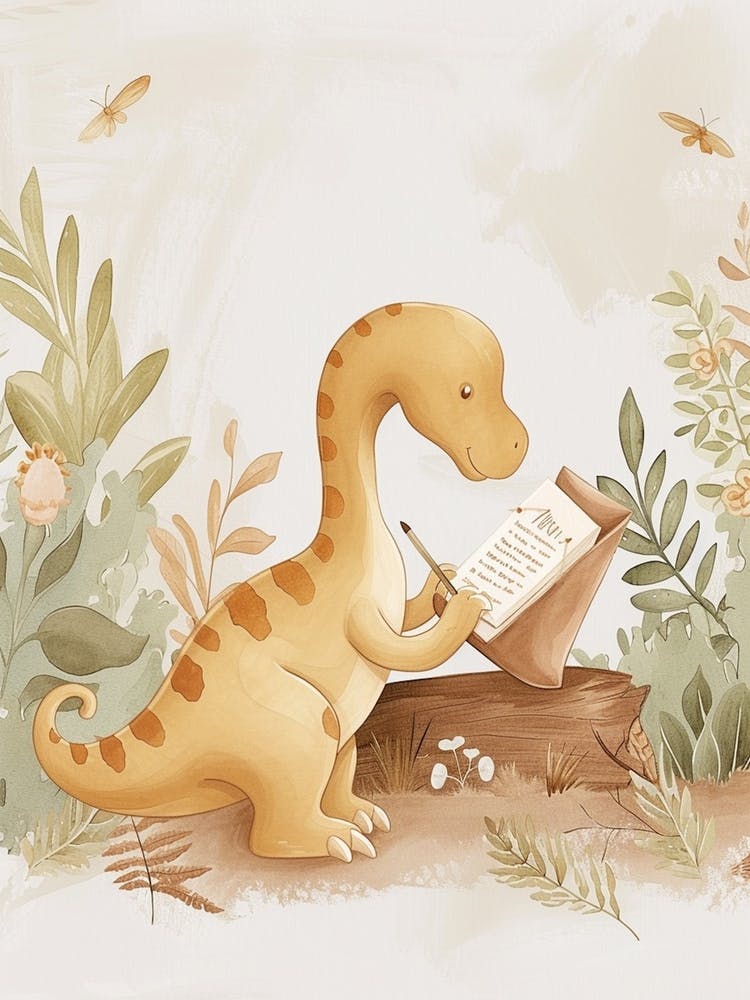 Cute Dinosaur Watercolour Writing A Letter