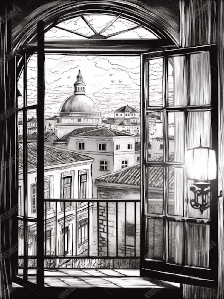 A Window View Of Havana In The Style Of Black And White  Line Art 4
