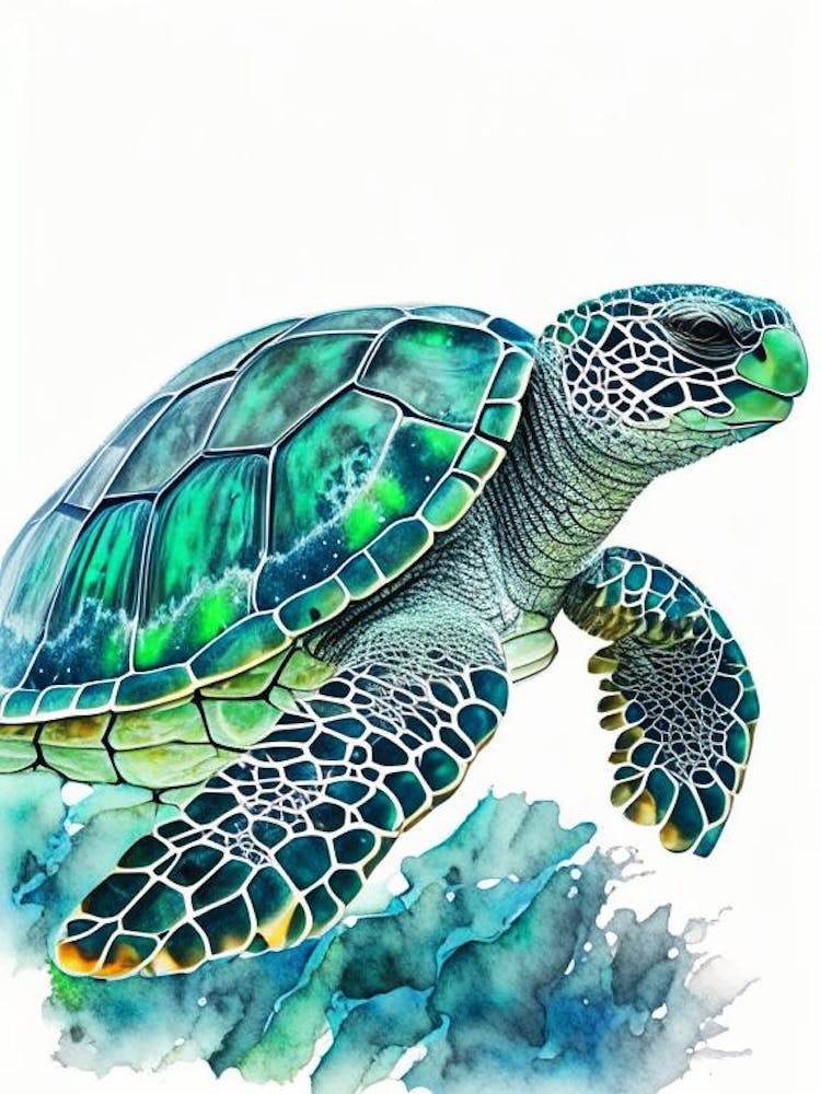 Hawksbill Sea Turtle (Eretmochelys Imbricata), Sea Turtle Mosaic Watercolour 1