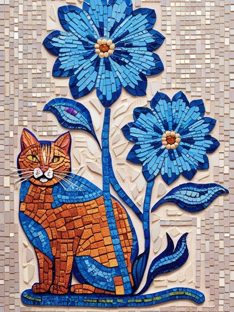 Mosaic Cat With Blue Flowers