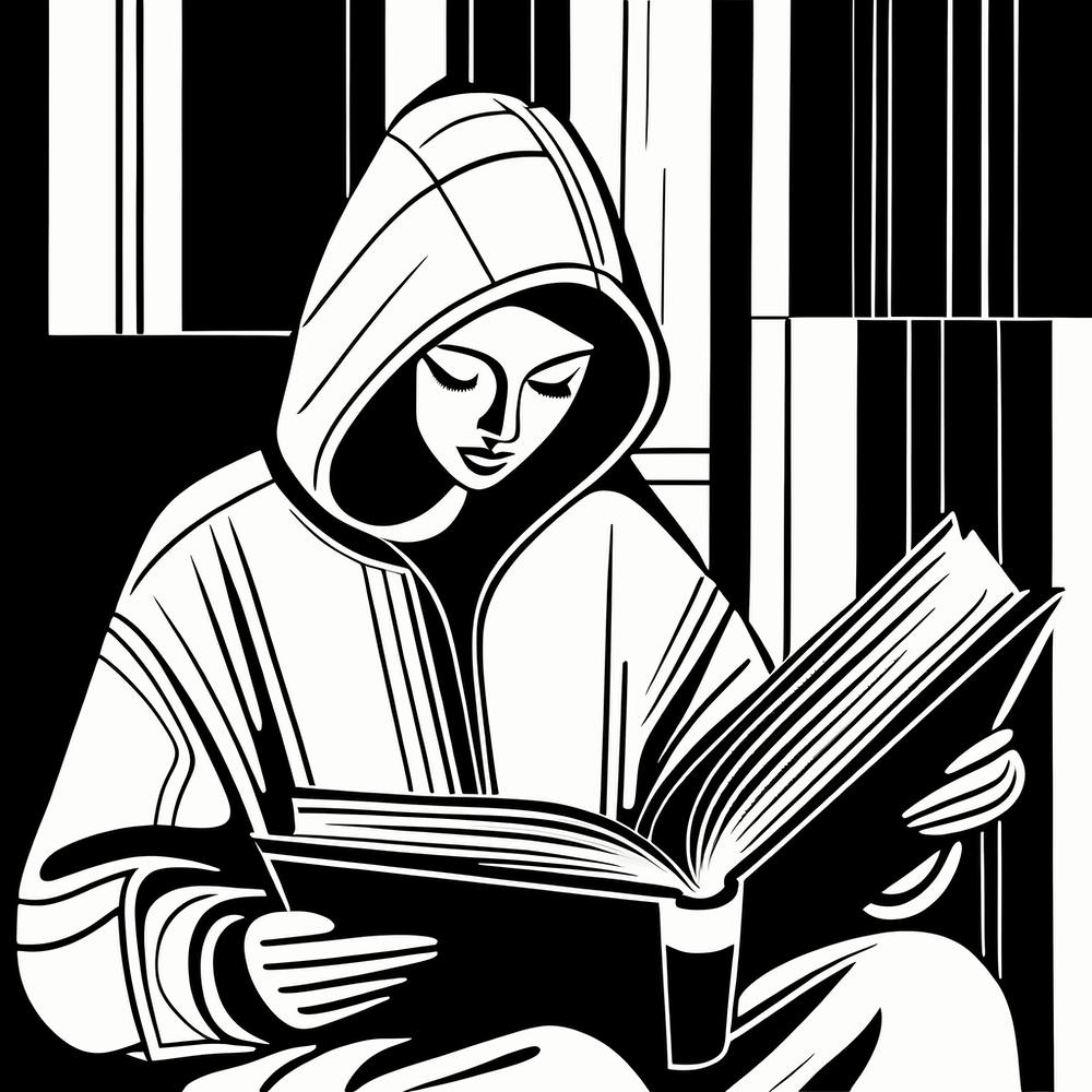 Just a girl who loves to read, Lion cut inspired Black and white Stylized portrait of a Woman reading a book, reading art, book worm, Reading girl 187