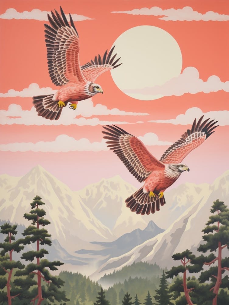 Vintage Japanese Inspired Bird Print Red Tailed Hawk 3