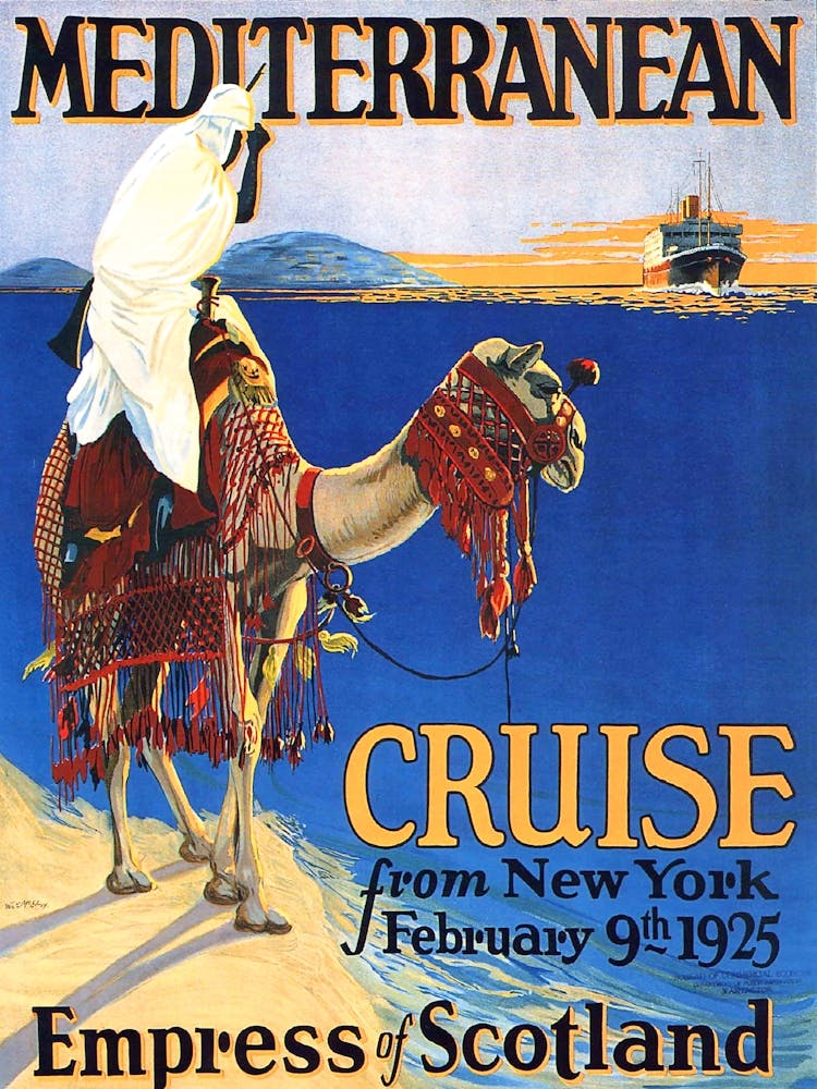 Mediterranean Cruise, Baudouin on Camel Welcomes Tourist Cruiser, Vintage Travel Poster