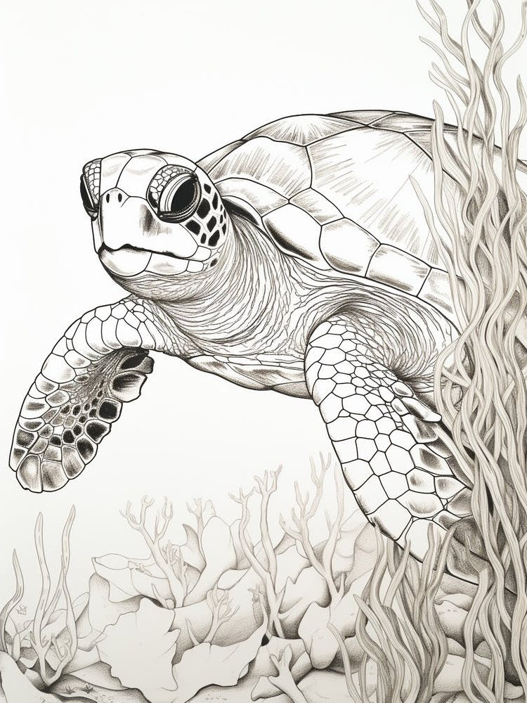 Simple Black & White Line Drawing Of Sea Turtle Behind Seagrass