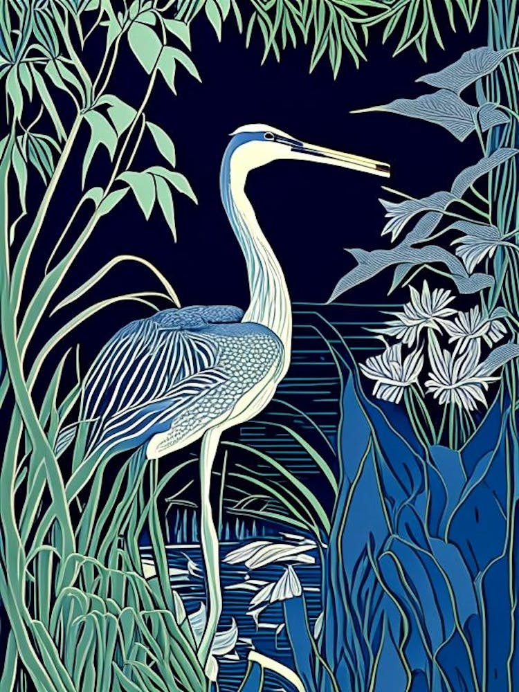 Blue Heron In Garden Vintage Linocut 1