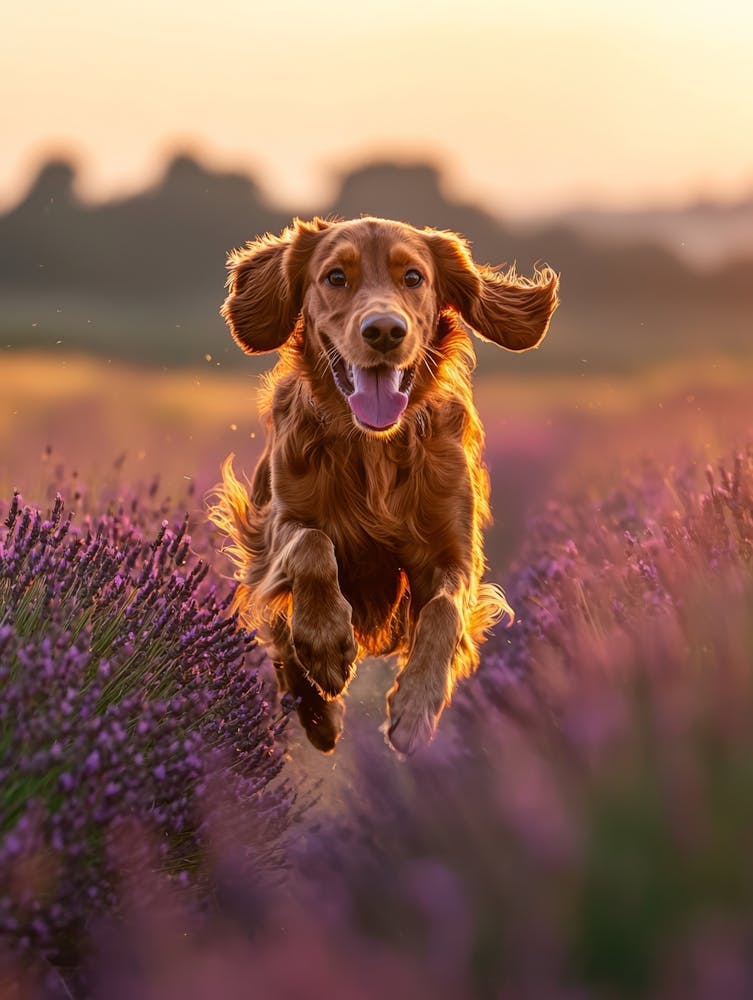 Dog Running Through Lavender Field. Generated AI. 1