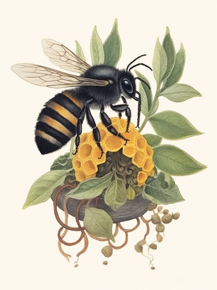 Black And Gold Bumble Bee Beehive Watercolour Illustration 2
