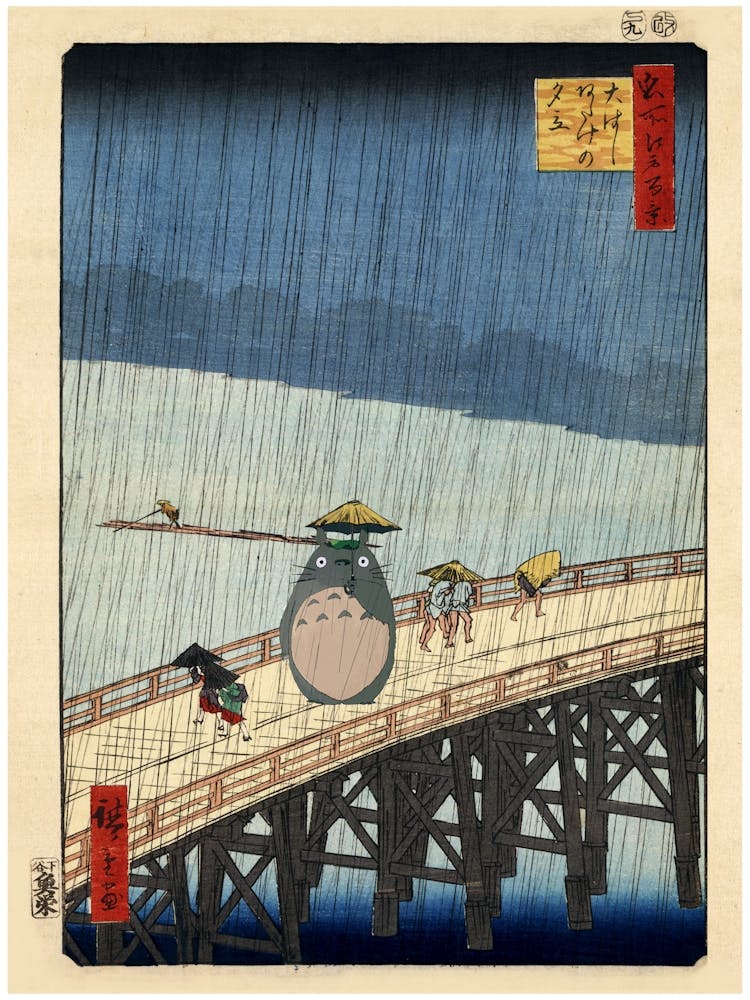 Totoro on the Bridge - Hiroshige - Japanese Print - Studio Ghibli Mashup