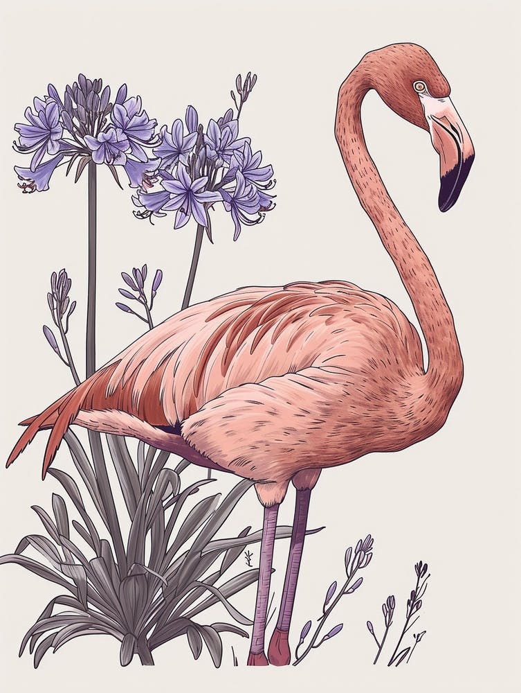 American Flamingo And Agapanthus Minimalist Illustration 4