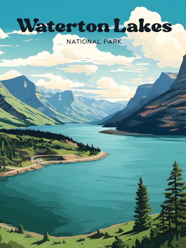 Waterton Lakes National Park Alberta Canada Adventure Travel Art Illustration