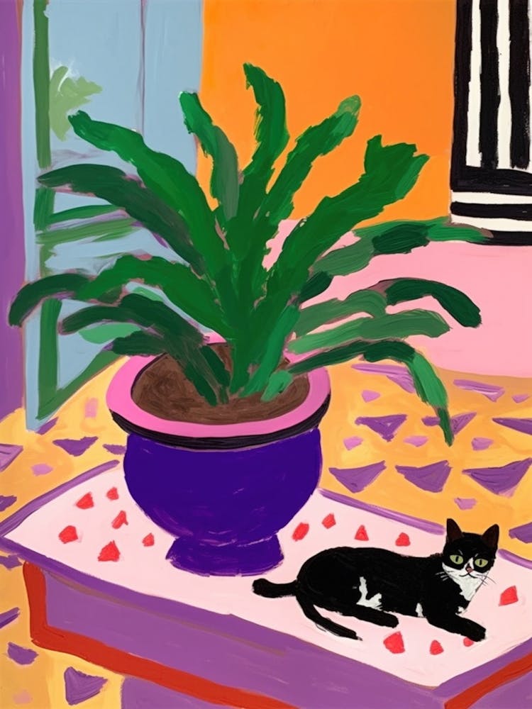 A Painting Of A Still Life Of A Lavender With A Cat In The Style Of Matisse 2
