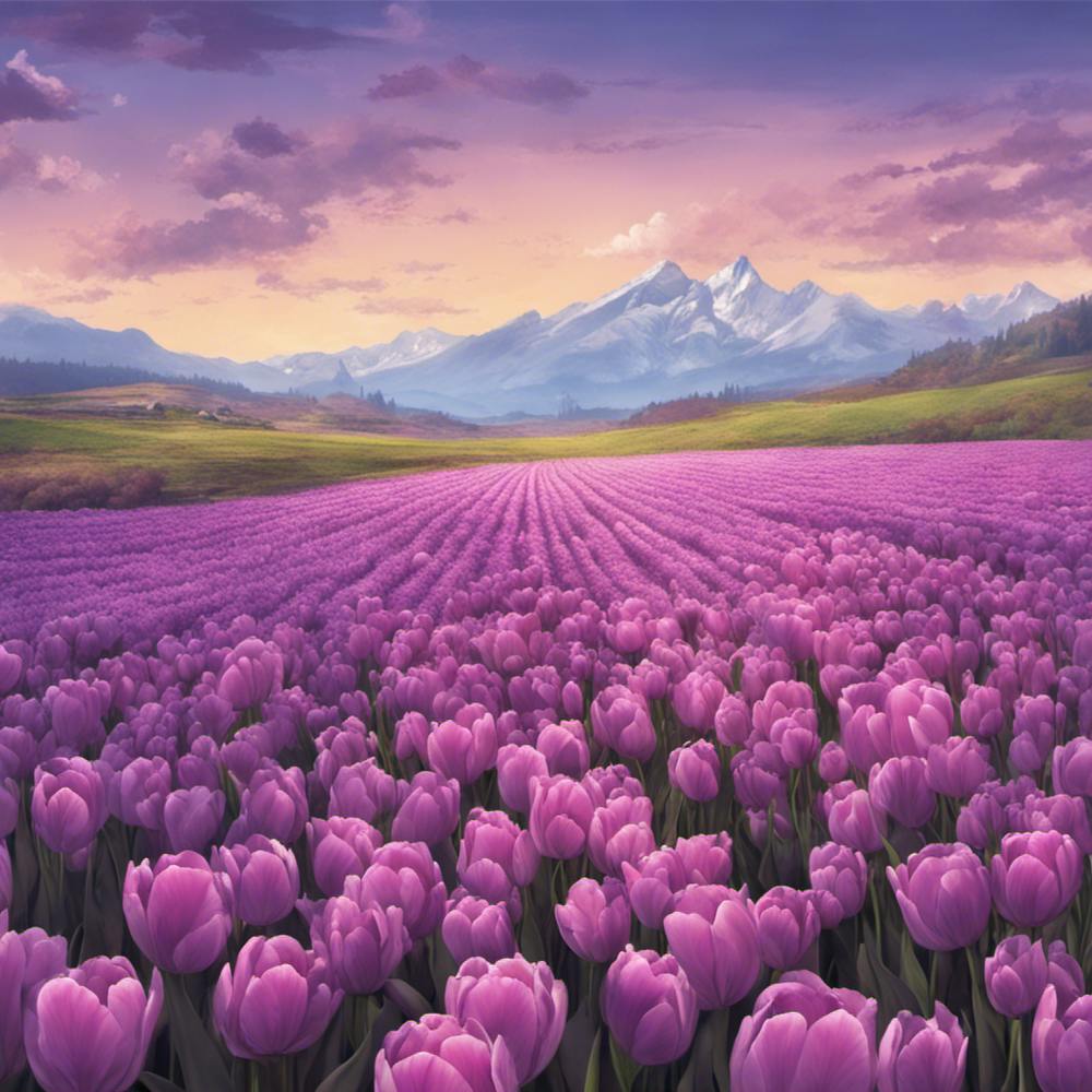 A field of purple tulips and a clear sky with some clouds and mountains