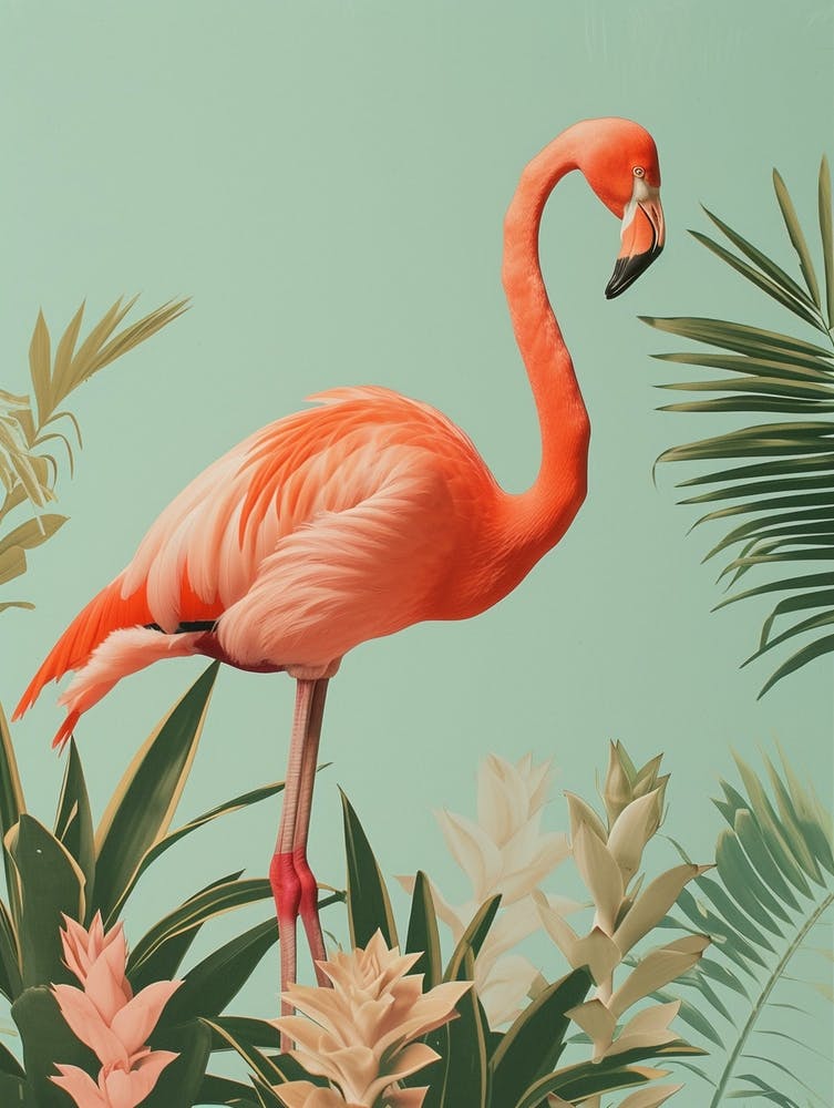 American Flamingo And Bromeliads Minimalist Illustration 4