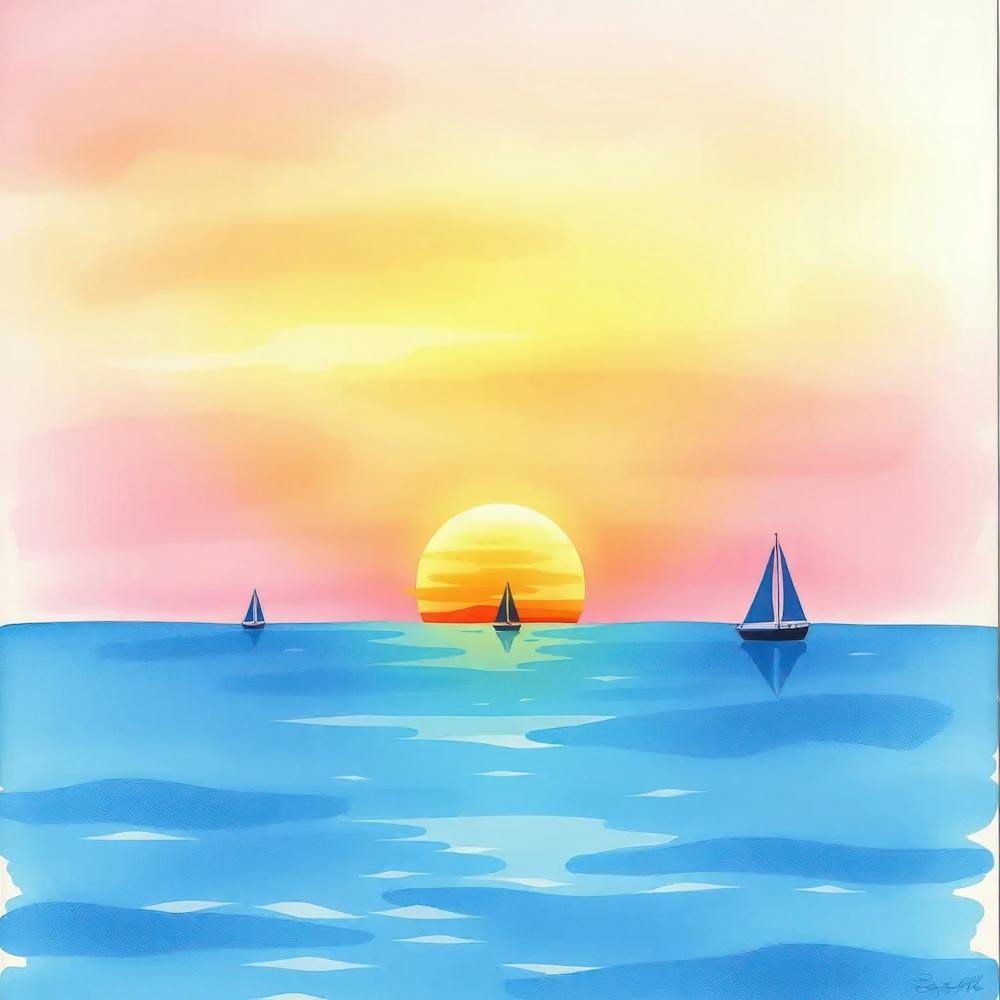 Watercolor Sunset With Sailboats