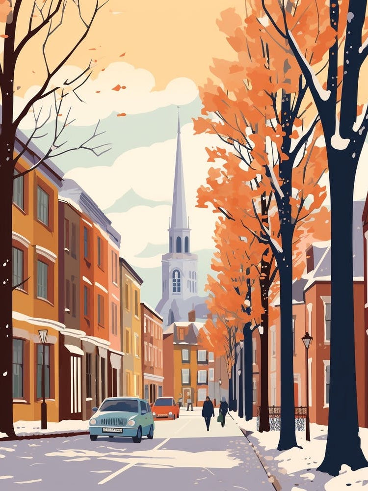 Vintage Winter Travel Illustration Nottingham United Kingdom 3