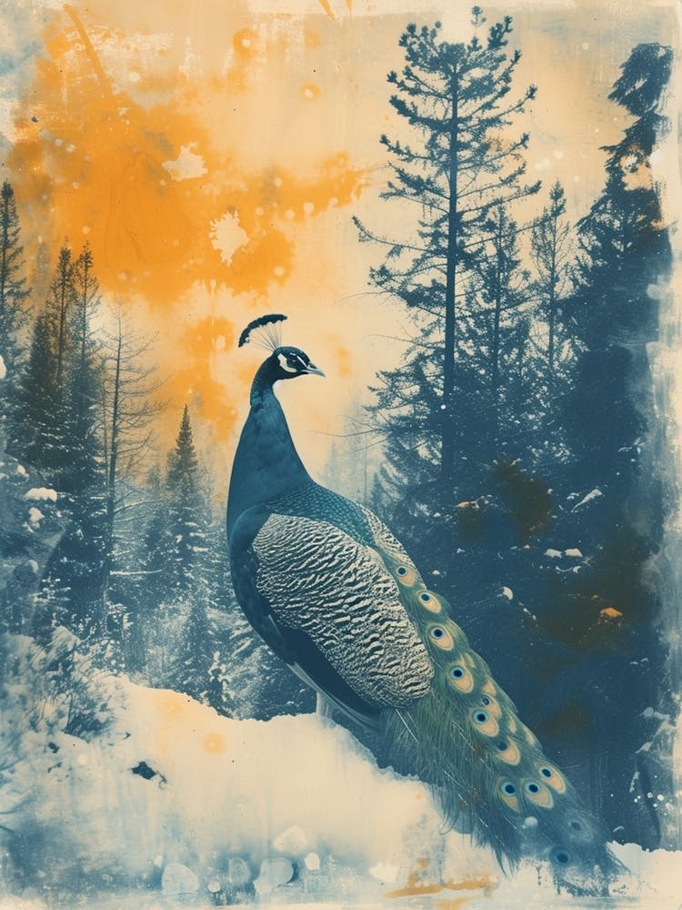 Orange & Blue Peacock In A Snow Scene 4