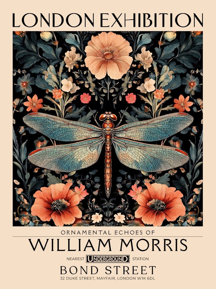 Œuvre d'art florale et libellule de William Morris, motif d'insectes et de fleurs, impression botanique vintage pour cottagecore, décor maximaliste, tapisserie florale, illustration de nature victorienne pour chambre, décor vintage 23