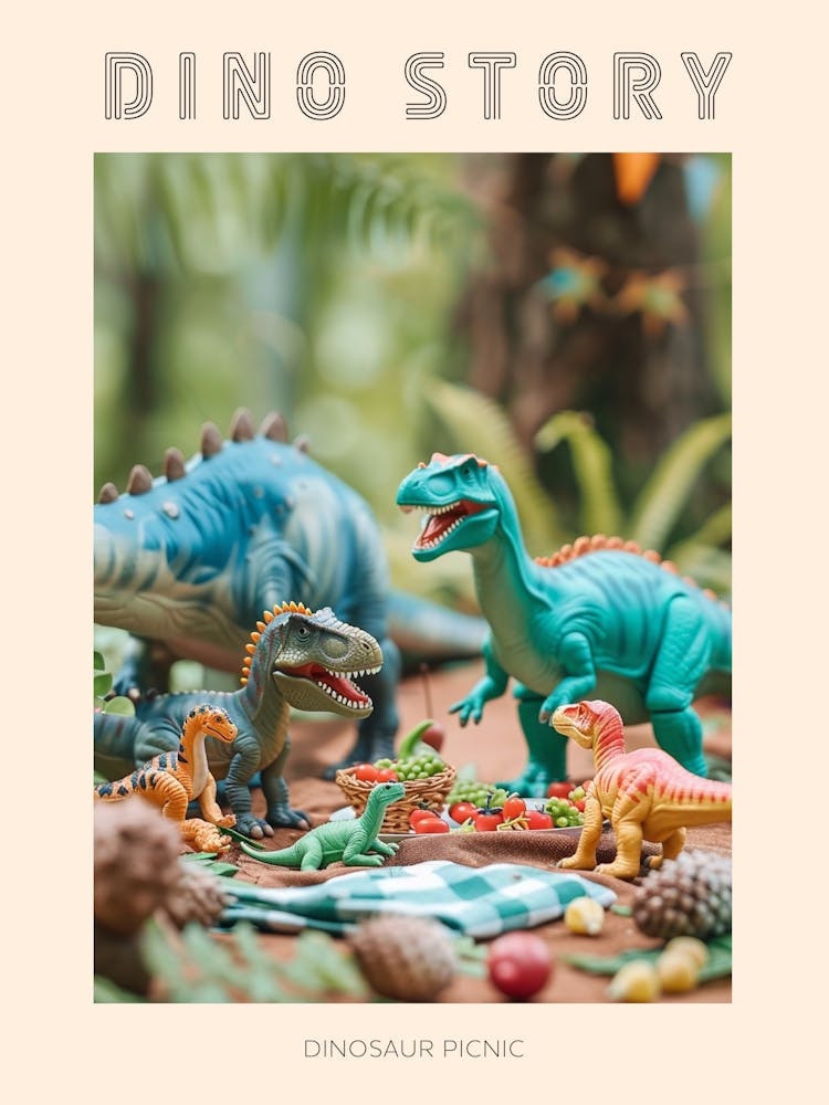 Affiche Pique-nique de Dinosaures Jouets Dans la Forêt