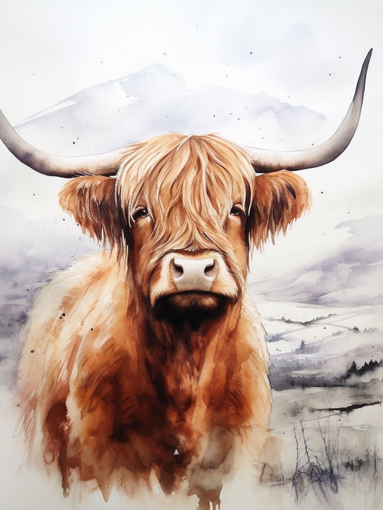 Foggy Highland Watercolour Cow 3