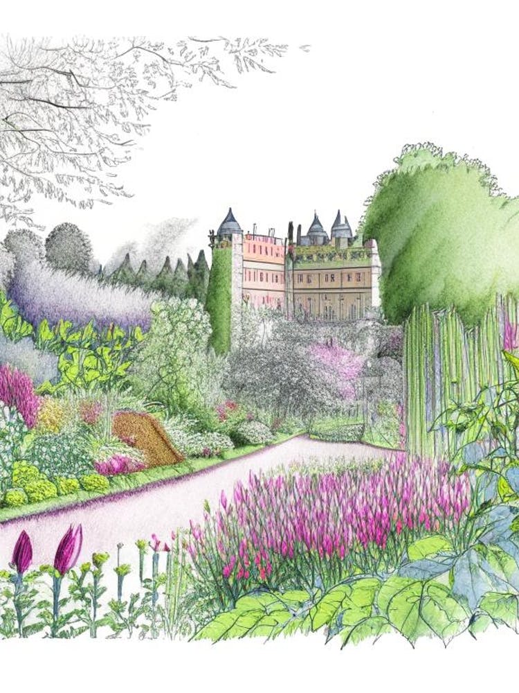 Powis Castle Gardens, United Kingdom Vintage Pencil Drawing