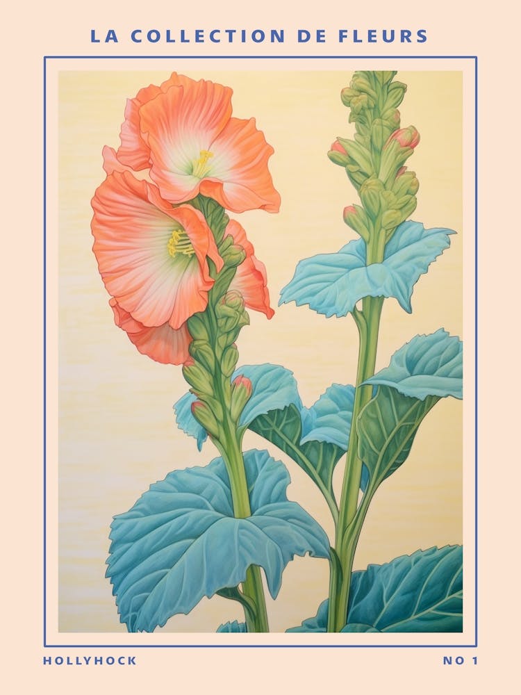 Hollyhock French Flower Botanical Poster