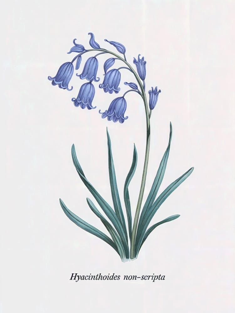 Bluebell Botanical Illustration - Hyacinthoides Non-scripta
A classic botanical illustration of the delicate bluebell (Hyacinthoides non-scripta), capturing its graceful arch and soft blue petals. Ideal for adding a touch of natural elegance to any room.
