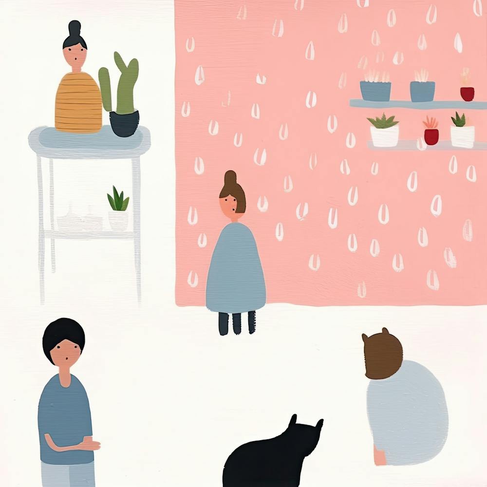 Tiny People At The Cat Cafe Illustration