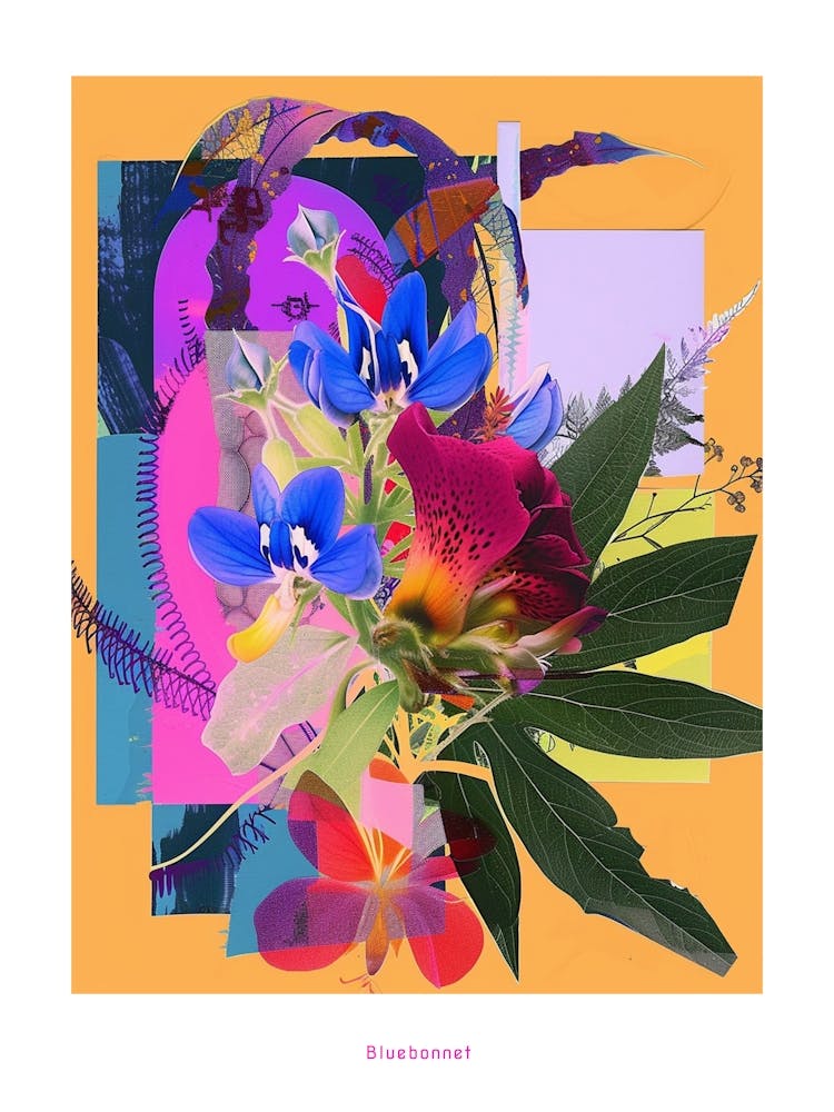 Bluebonnet 6 Neon Flower Collage Poster