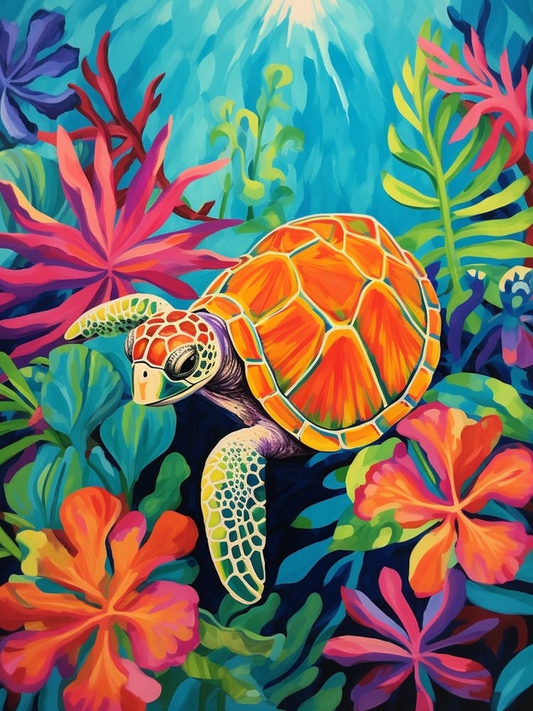 Baby Sea Turtle With Tropical Plants