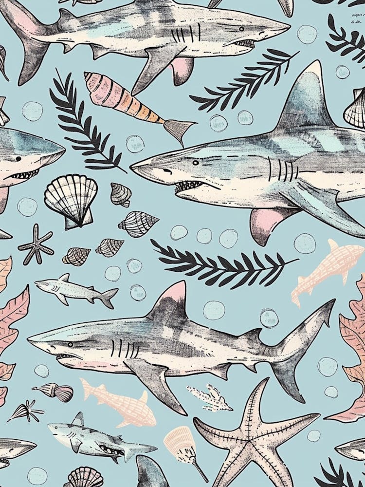 Pastel Blue Zebra Shark Watercolour Seascape Pattern 2