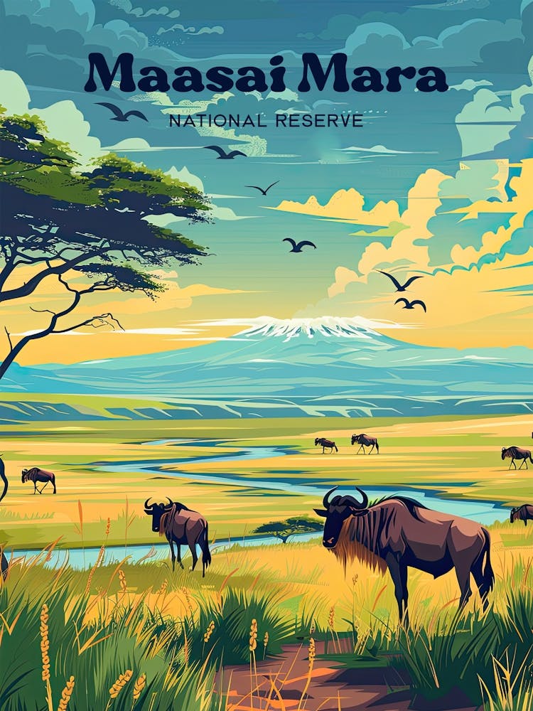 Maasai Mara Kenya Wildlife Art Illustration