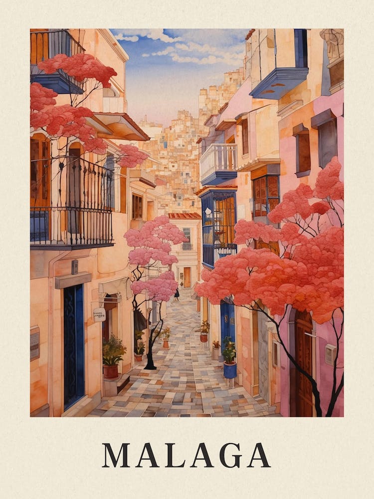 Malaga Spain 2 Vintage Pink Travel Illustration Poster