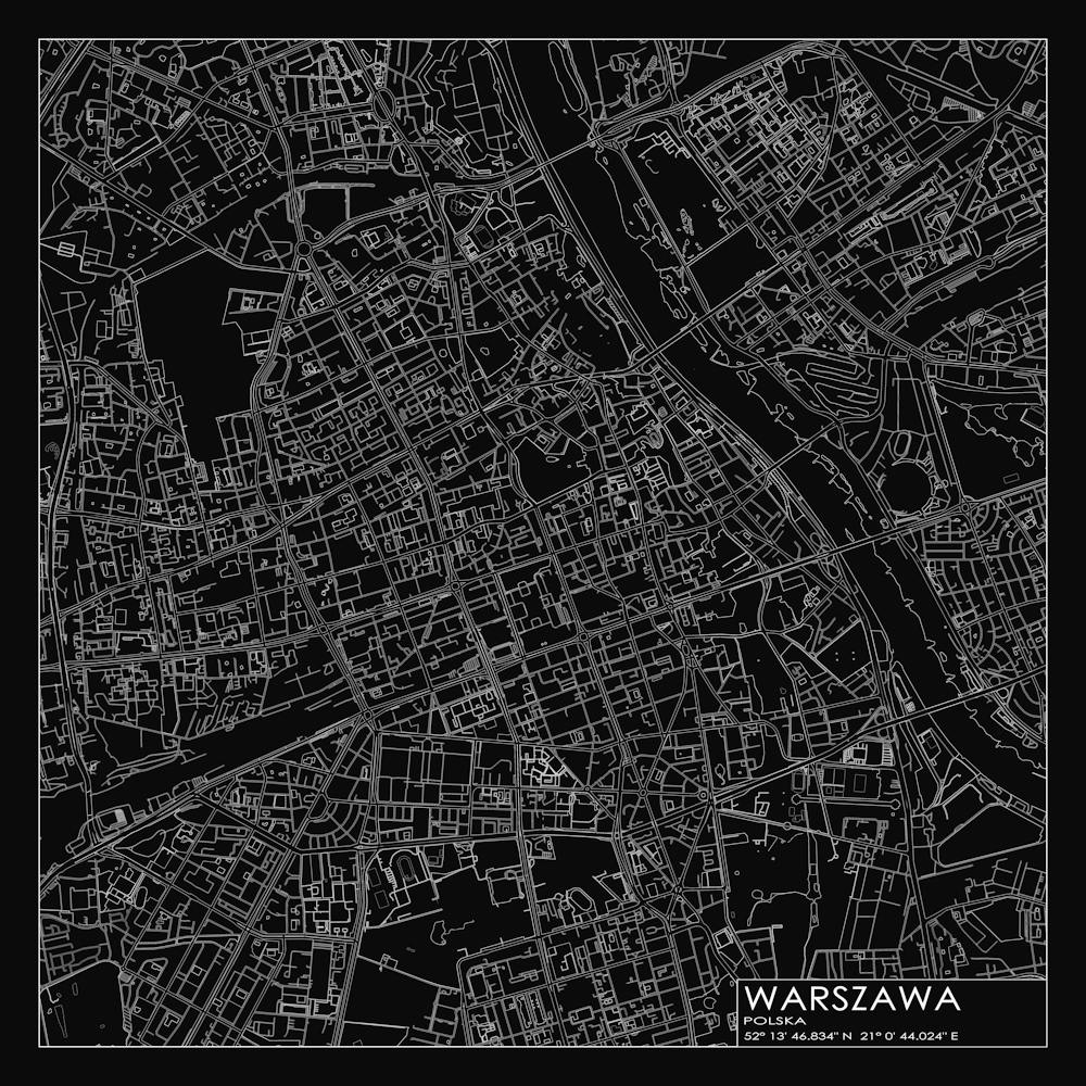 Warszawa, Polska, (Warsaw, Poland) City Map White On Black Blueprint Design