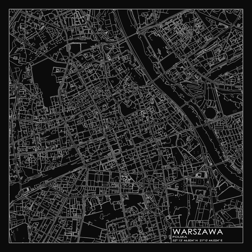 Warszawa, Polska, (Warsaw, Poland) City Map White On Black Blueprint Design