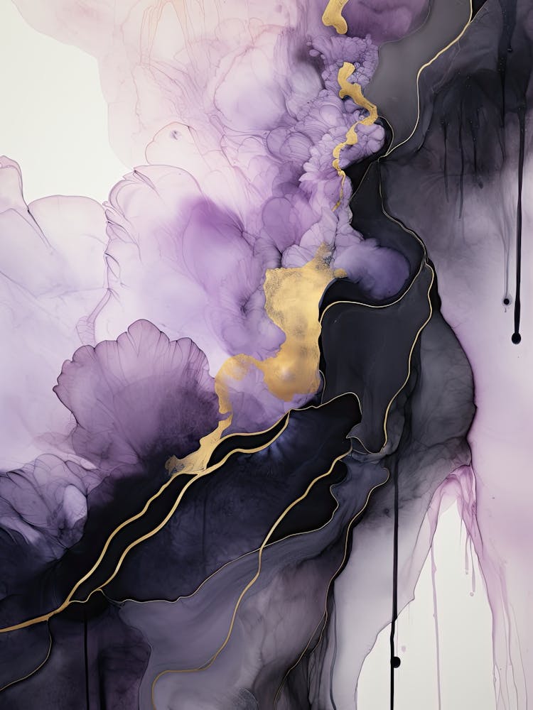 Peinture Abstraite Flux Lilas, Noir, Or 2