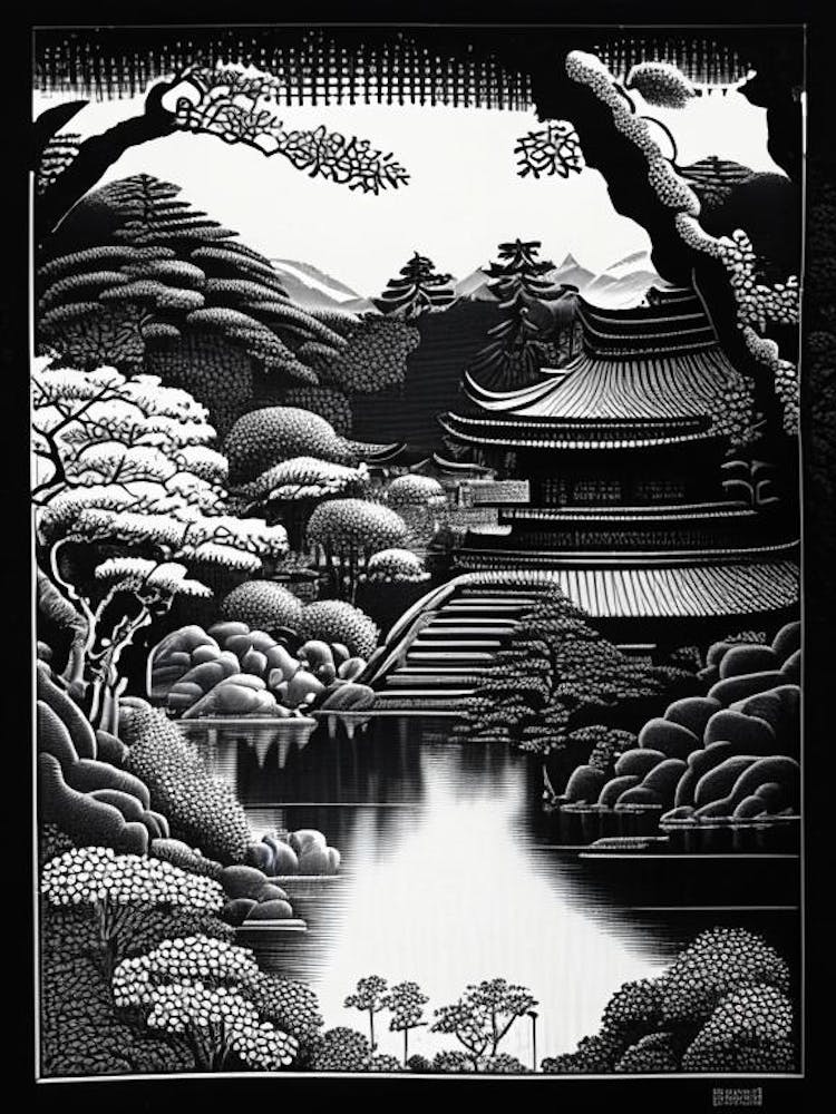 Ginkaku Ji, Japan Linocut Black And White Vintage