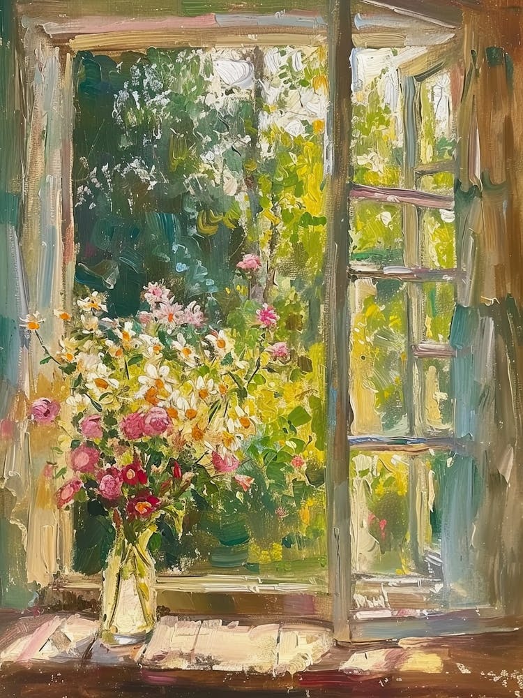 Vergissmeinnicht-Blumen auf einem Landhausfenster 1