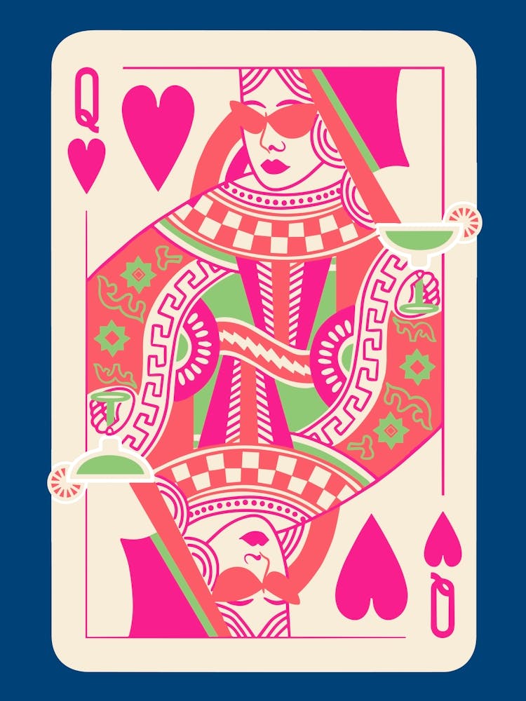 Queen Of Hearts Playing Card Maximalist Blue Print Lucky You Dopamine Decor