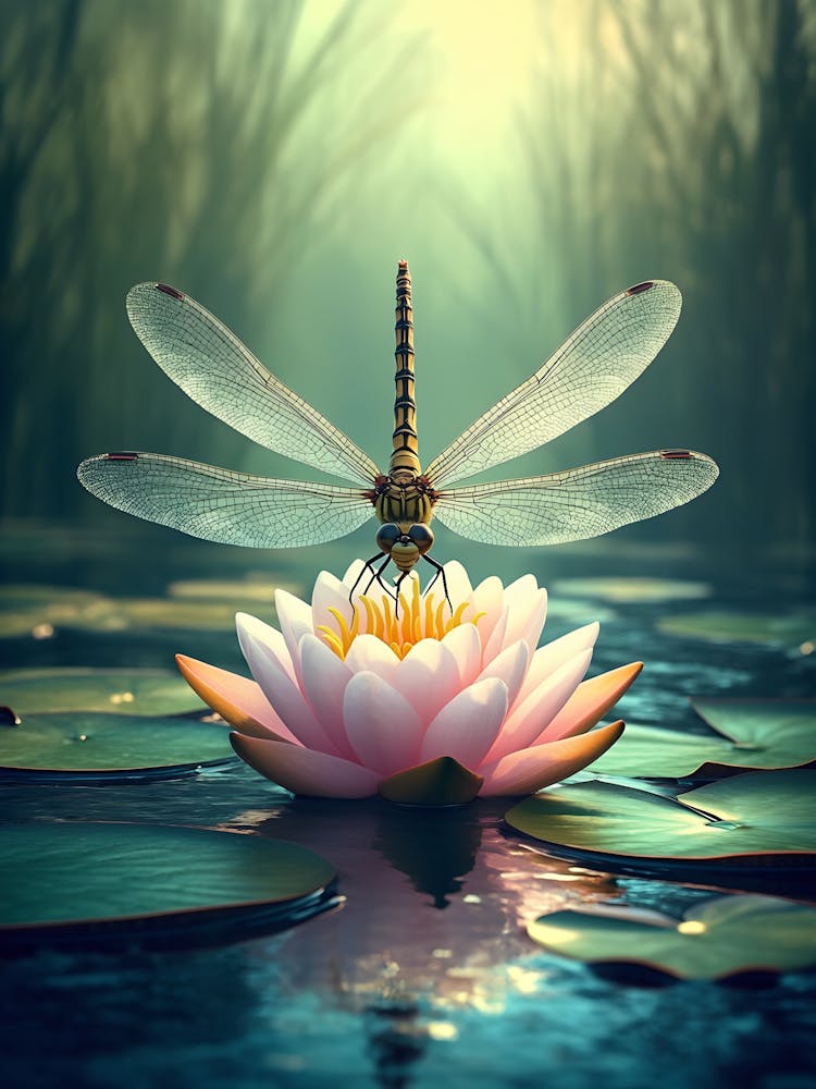 Dragonfly On Lotus Flower