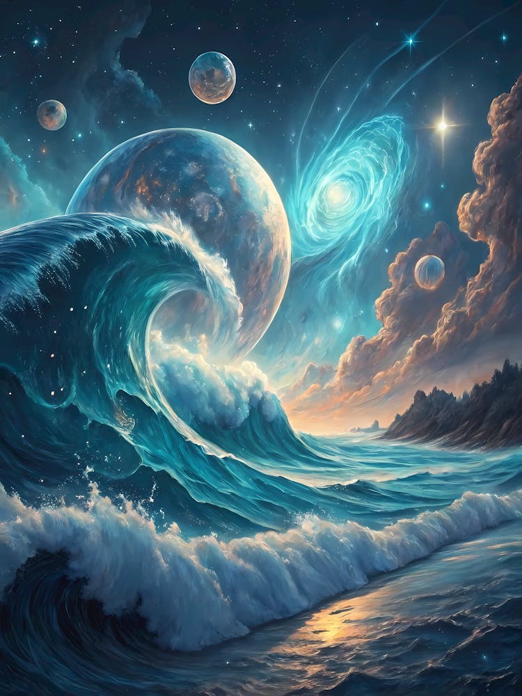 Oil Painting Style Cosmic Ocean Waves Planets & Galaxies Above