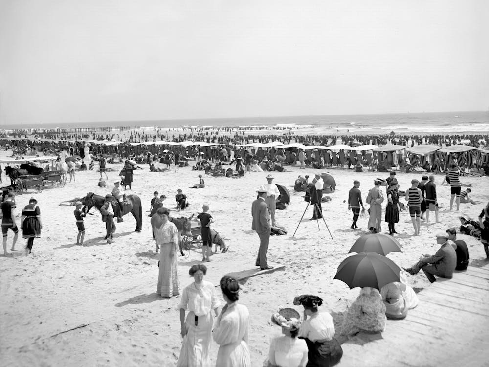 Victorian People At The Beach, Vintage Black and White Old Photo