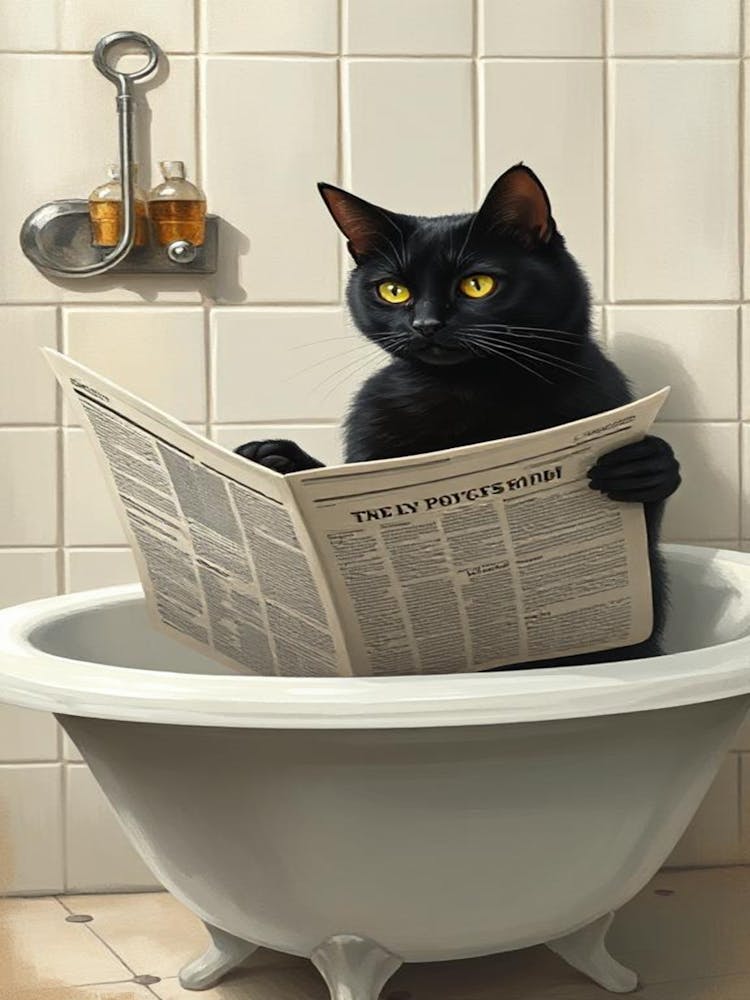 Cat Reading Newspaper In Bathtub
